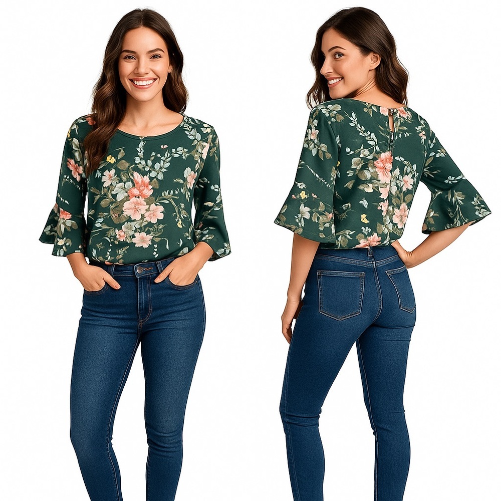 🌸 SHEIN Green Floral Ruffle-Sleeve Blouse | Size M (US 6)
